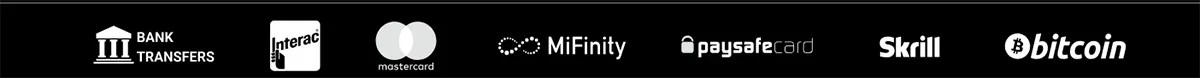 Horizontal casino payment methods banner on a dark background featuring white logos for Bank Transfers, Interac, Mastercard, MiFinity, Paysafecard, Skrill, and Bitcoin, arranged in a single row to indicate the platform’s supported deposit and withdrawal options.