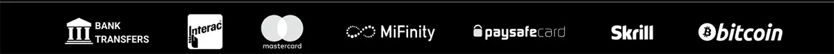 Horizontal casino payment methods banner on a dark background featuring white logos for Bank Transfers, Interac, Mastercard, MiFinity, Paysafecard, Skrill, and Bitcoin, arranged in a single row to indicate the platform’s supported deposit and withdrawal options.