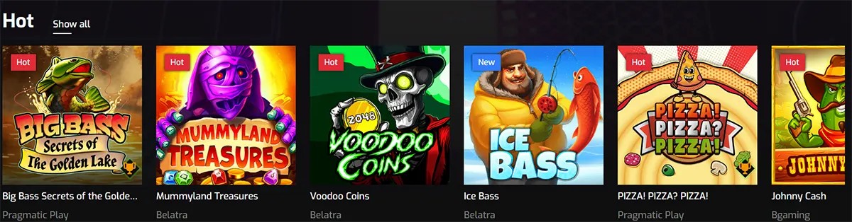 Online casino “Hot” games section showing a horizontal row of popular slot thumbnails within a dark-themed game lobby. The visible titles include Big Bass Secrets of the Golden Lake, Mummyland Treasures, Voodoo Coins, Ice Bass, Pizza! Pizza! Pizza!, and Johnny Cash. Several tiles are labeled “Hot” or “New.” Each game card also displays the game provider (e.g., Pragmatic Play, Belatra, BGaming) beneath the title, with colorful themed artwork representing fishing, ancient treasure, voodoo magic, winter fishing, pizza-themed gameplay, and western-style characters.