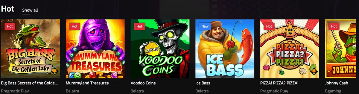 Online casino “Hot” games section showing a horizontal row of popular slot thumbnails within a dark-themed game lobby. The visible titles include Big Bass Secrets of the Golden Lake, Mummyland Treasures, Voodoo Coins, Ice Bass, Pizza! Pizza! Pizza!, and Johnny Cash. Several tiles are labeled “Hot” or “New.” Each game card also displays the game provider (e.g., Pragmatic Play, Belatra, BGaming) beneath the title, with colorful themed artwork representing fishing, ancient treasure, voodoo magic, winter fishing, pizza-themed gameplay, and western-style characters.