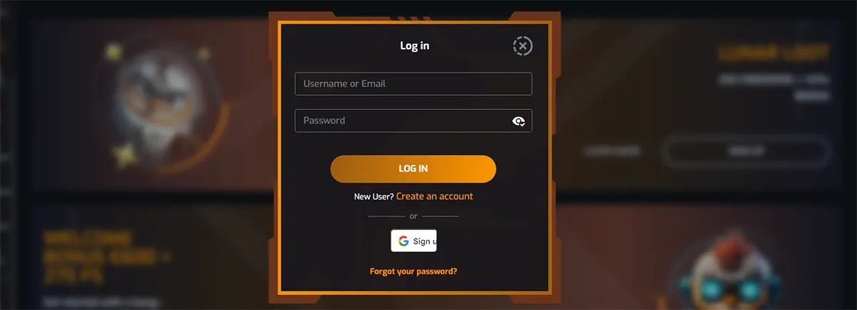 English-language casino login popup interface displayed in a dark-themed modal window with orange borders. The form includes input fields for “Username or Email” and “Password”, a prominent “Log In” button, and a link for new users to create an account (“Create an account”). It also offers an option to sign in with Google and a “Forgot your password?” recovery link, shown over a blurred background of the casino website interface.