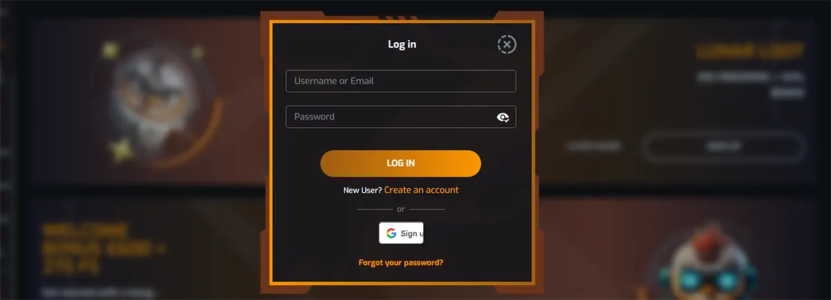 English-language casino login popup interface displayed in a dark-themed modal window with orange borders. The form includes input fields for “Username or Email” and “Password”, a prominent “Log In” button, and a link for new users to create an account (“Create an account”). It also offers an option to sign in with Google and a “Forgot your password?” recovery link, shown over a blurred background of the casino website interface.